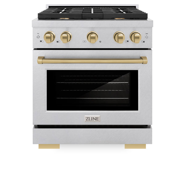 ZLINE Autograph Edition 30 in. 4.2 cu. ft. Paramount Dual Fuel Range with 4 Burner Gas Cooktop and Electric Convection Oven in DuraSnow® Stainless Steel with Champagne Bronze Accents (SDRSZ-30-CB)