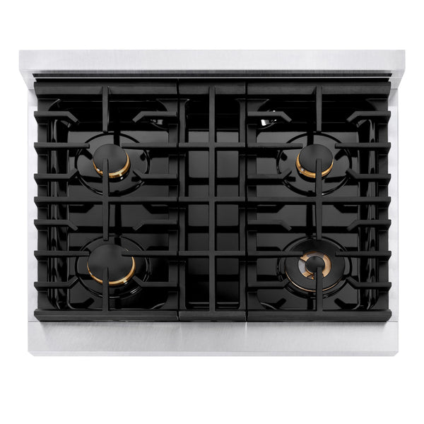 ZLINE Autograph Edition 30 in. 4.2 cu. ft. Paramount Dual Fuel Range with 4 Burner Gas Cooktop and Electric Convection Oven in DuraSnow® Stainless Steel with Champagne Bronze Accents (SDRSZ-30-CB)