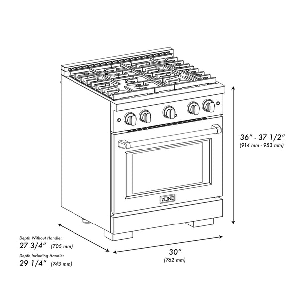 ZLINE Autograph Edition 30 in. 4.2 cu. ft. Paramount Dual Fuel Range with 4 Burner Gas Cooktop and Electric Convection Oven in DuraSnow® Stainless Steel with Polished Gold Accents (SDRSZ-30-G)