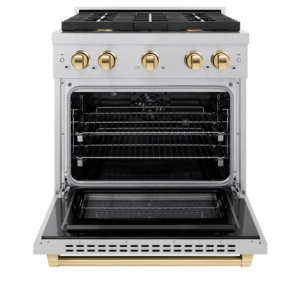 ZLINE Autograph Edition 30 in. 4.2 cu. ft. Paramount Dual Fuel Range with 4 Burner Gas Cooktop and Electric Convection Oven in DuraSnow® Stainless Steel with Polished Gold Accents (SDRSZ-30-G)