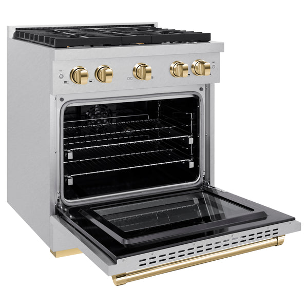 ZLINE Autograph Edition 30 in. 4.2 cu. ft. Paramount Dual Fuel Range with 4 Burner Gas Cooktop and Electric Convection Oven in DuraSnow® Stainless Steel with Polished Gold Accents (SDRSZ-30-G)