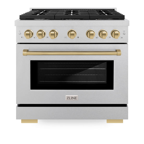 ZLINE Autograph Edition 36 in. 5.2 cu. ft. Paramount Dual Fuel Range with 6 Burner Gas Cooktop and Electric Convection Oven in DuraSnow® Stainless Steel with Champagne Bronze Accents (SDRSZ-36-CB)