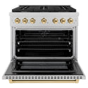 ZLINE Autograph Edition 36 in. 5.2 cu. ft. Paramount Dual Fuel Range with 6 Burner Gas Cooktop and Electric Convection Oven in DuraSnow® Stainless Steel with Polished Gold Accents (SDRSZ-36-G)