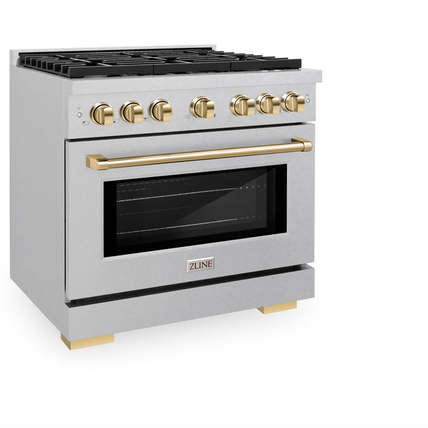 ZLINE Autograph Edition 36 in. 5.2 cu. ft. Paramount Dual Fuel Range with 6 Burner Gas Cooktop and Electric Convection Oven in DuraSnow® Stainless Steel with Polished Gold Accents (SDRSZ-36-G)