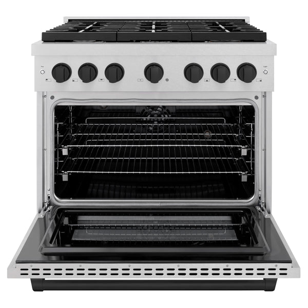 ZLINE Autograph Edition 36 in. 5.2 cu. ft. Paramount Dual Fuel Range with 6 Burner Gas Cooktop and Electric Convection Oven in DuraSnow® Stainless Steel with Matte Black Accents (SDRSZ-36-MB)