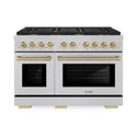 ZLINE Autograph Edition 48 in. 6.7 cu. ft. Paramount Double Oven Dual Fuel Range with 8 Burner Gas Cooktop in DuraSnow® Stainless Steel and Champagne Bronze Accents (SDRSZ-48-CB)