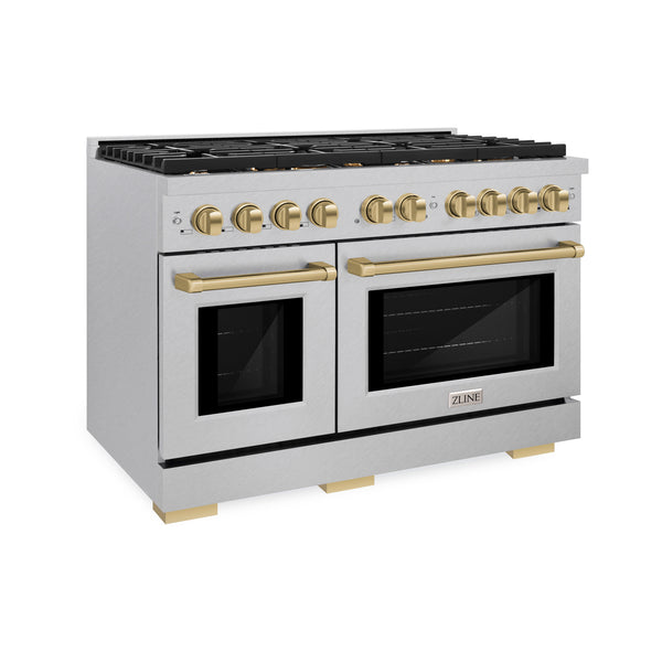 ZLINE Autograph Edition 48 in. 6.7 cu. ft. Paramount Double Oven Dual Fuel Range with 8 Burner Gas Cooktop in DuraSnow® Stainless Steel and Champagne Bronze Accents (SDRSZ-48-CB)