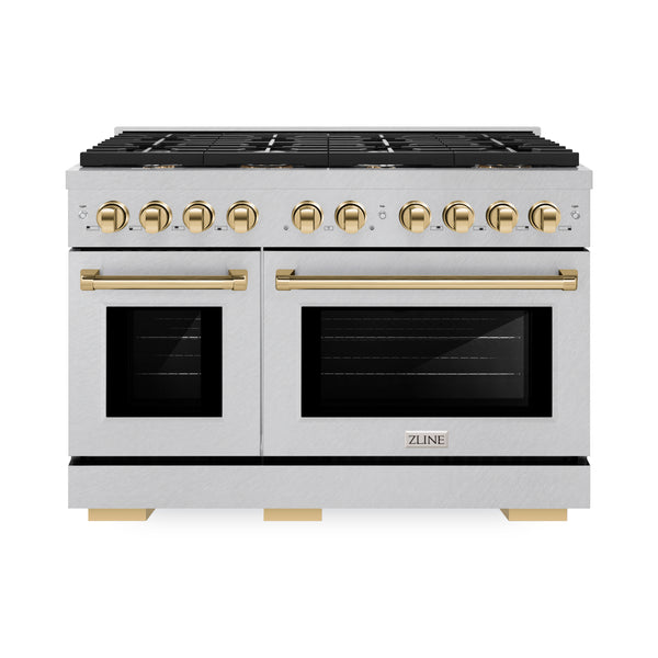 ZLINE Autograph Edition 48 in. 6.7 cu. ft. Paramount Double Oven Dual Fuel Range with 8 Burner Gas Cooktop in DuraSnow® Stainless Steel and Polished Gold Accents (SDRSZ-48-G)