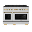 ZLINE Autograph Edition 48 in. 6.7 cu. ft. Paramount Double Oven Dual Fuel Range with 8 Burner Gas Cooktop in DuraSnow® Stainless Steel and Polished Gold Accents (SDRSZ-48-G)