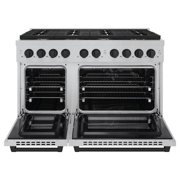 ZLINE Autograph Edition 48 in. 6.7 cu. ft. Paramount Double Oven Dual Fuel Range with 8 Burner Gas Cooktop in DuraSnow® Stainless Steel and Matte Black Accents (SDRSZ-48-MB)