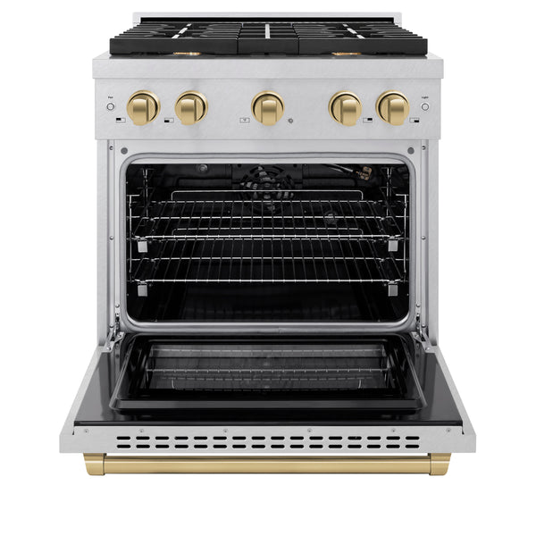 ZLINE Autograph Edition 30 in. 4.2 cu. ft. Paramount Gas Range with 4 Burner Cooktop and Convection Gas Oven in DuraSnow® Stainless Steel and Champagne Bronze Accents (SGRSZ-30-CB)