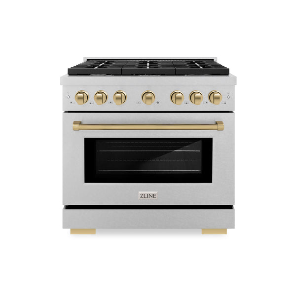 ZLINE Autograph Edition 36 in. 5.2 cu. ft. Paramount Gas Range with 6 Burner Cooktop and Convection Gas Oven in DuraSnow® Stainless Steel and Champagne Bronze Accents (SGRSZ-36-CB)