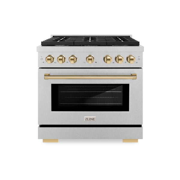 ZLINE Autograph Edition 36 in. 5.2 cu. ft. Paramount Gas Range with 6 Burner Cooktop and Convection Gas Oven in DuraSnow® Stainless Steel and Polished Gold Accents (SGRSZ-36-G)