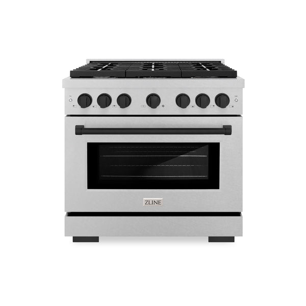 ZLINE Autograph Edition 36 in. 5.2 cu. ft. Paramount Gas Range with 6 Burner Cooktop and Convection Gas Oven in DuraSnow® Stainless Steel and Matte Black Accents (SGRSZ-36-MB)