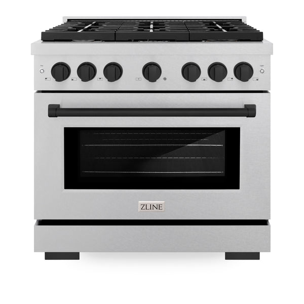 ZLINE Autograph Edition 36 in. 5.2 cu. ft. Paramount Gas Range with 6 Burner Cooktop and Convection Gas Oven in DuraSnow® Stainless Steel and Matte Black Accents (SGRSZ-36-MB)