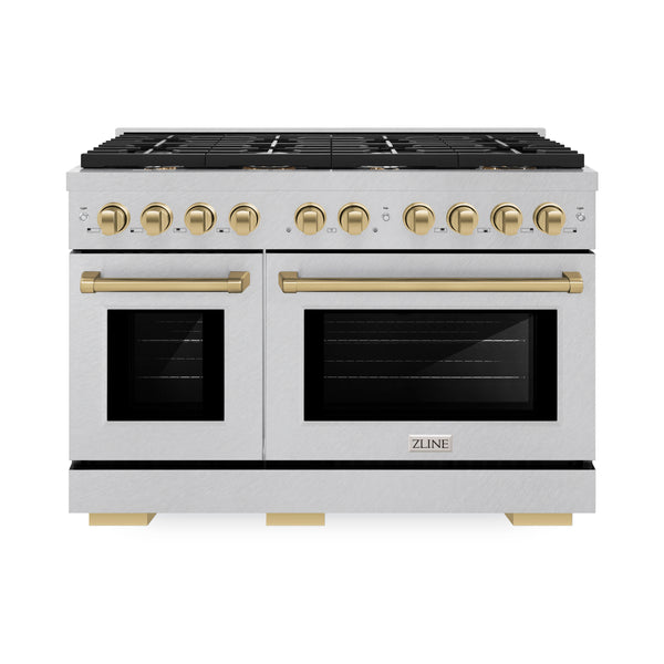 ZLINE Autograph Edition 48 in. 6.7 cu. ft. Paramount Double Oven Gas Range with 8 Burner Cooktop in DuraSnow® Stainless Steel and Champagne Bronze Accents (SGRSZ-48-CB)