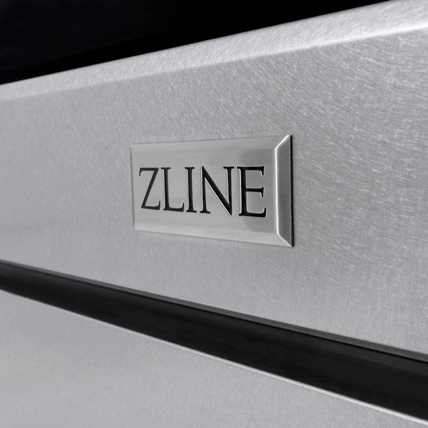 ZLINE Autograph Edition 48 in. 6.7 cu. ft. Paramount Double Oven Gas Range with 8 Burner Cooktop in DuraSnow® Stainless Steel and Polished Gold Accents (SGRSZ-48-G) close-up, logo badge on DuraSnow® Stainless Steel finish.