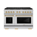 ZLINE Autograph Edition 48 in. 6.7 cu. ft. Paramount Double Oven Gas Range with 8 Burner Cooktop in DuraSnow® Stainless Steel and Polished Gold Accents (SGRSZ-48-G)