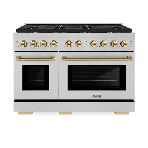 ZLINE Autograph Edition 48 in. 6.7 cu. ft. Paramount Double Oven Gas Range with 8 Burner Cooktop in DuraSnow® Stainless Steel and Polished Gold Accents (SGRSZ-48-G)