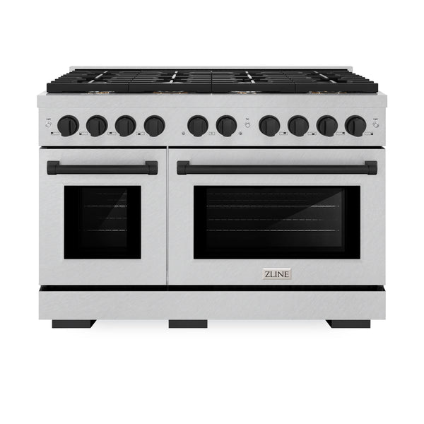 ZLINE Autograph Edition 48 in. 6.7 cu. ft. Paramount Double Oven Gas Range with 8 Burner Cooktop in DuraSnow® Stainless Steel and Matte Black Accents (SGRSZ-48-MB)