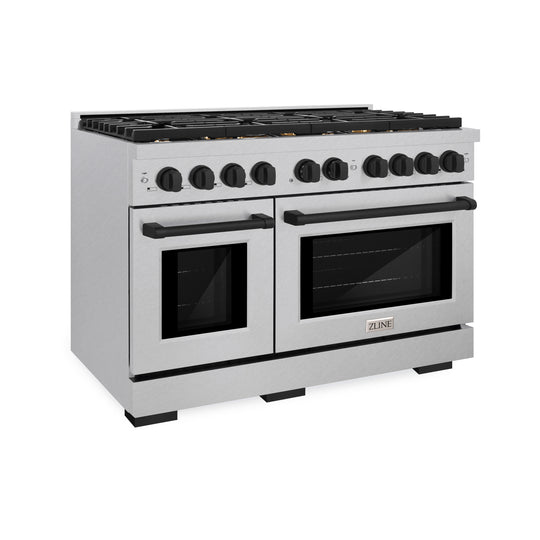 ZLINE Autograph Edition 48 in. 6.7 cu. ft. Paramount Double Oven Gas Range with 8 Burner Cooktop in Satin Stainless Steel and Matte Black Accents (SGRSZ-48-MB)