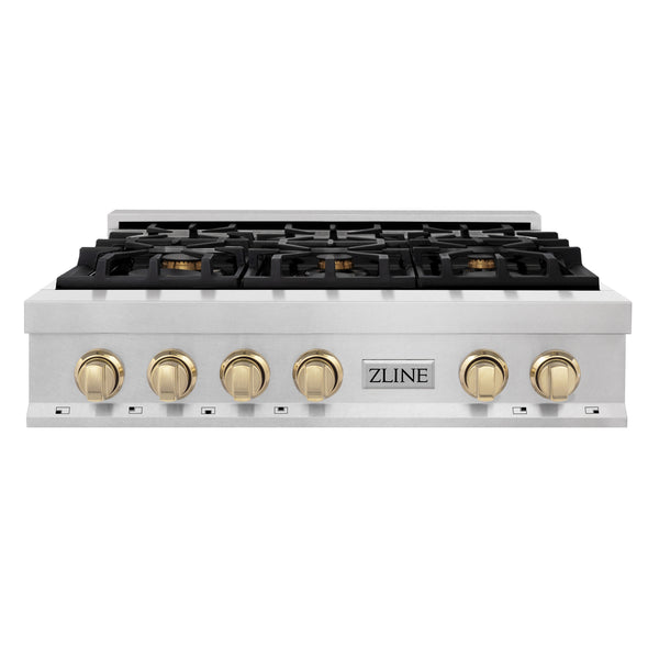 ZLINE Autograph Edition 36" Porcelain Rangetop with 6 Gas Burners in Fingerprint Resistant Stainless Steel and Polished Gold Accents (RTSZ-36-G)