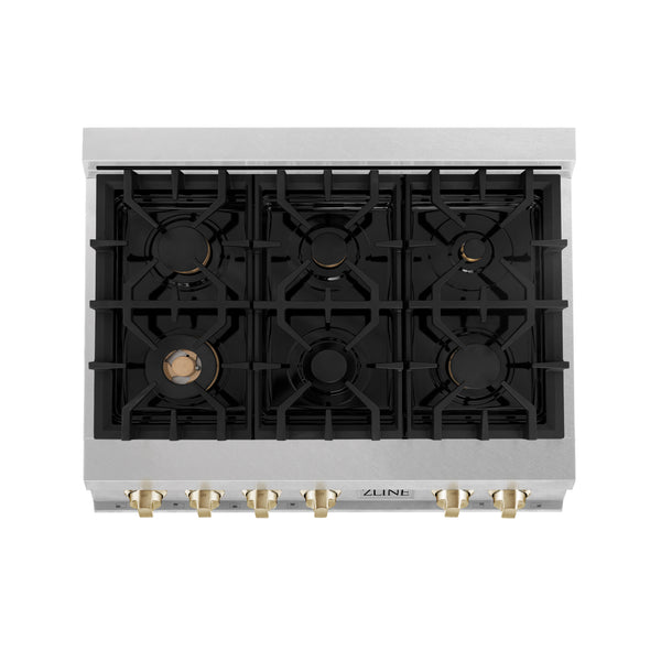 ZLINE Autograph Edition 36" Porcelain Rangetop with 6 Gas Burners in Fingerprint Resistant Stainless Steel and Polished Gold Accents (RTSZ-36-G)