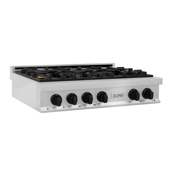 ZLINE Autograph Edition 36" Porcelain Rangetop with 6 Gas Burners in Fingerprint Resistant Stainless Steel and Matte Black Accents (RTSZ-36-MB)