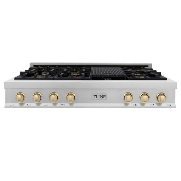 ZLINE Autograph Edition 48" Porcelain Rangetop with 7 Gas Burners in Fingerprint Resistant Stainless Steel and Polished Gold Accents (RTSZ-48-G)