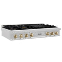 ZLINE Autograph Edition 48" Porcelain Rangetop with 7 Gas Burners in Fingerprint Resistant Stainless Steel and Polished Gold Accents (RTSZ-48-G)