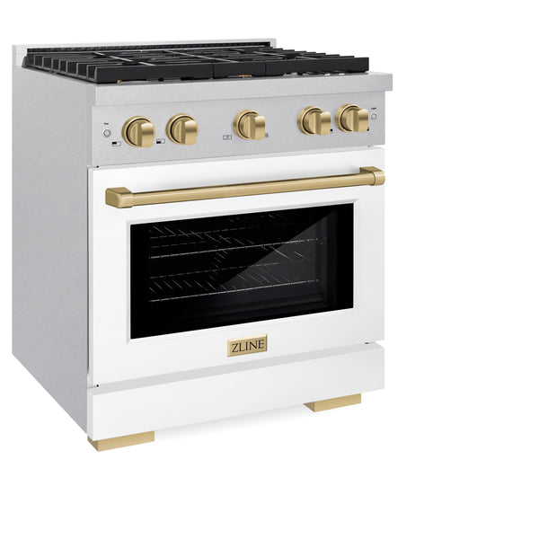 ZLINE Autograph Edition 30 in. 4.2 cu. ft. Paramount Dual Fuel Range with 4 Burner Gas Cooktop and Electric Convection Oven in DuraSnow® Stainless Steel with White Matte Door and Champagne Bronze Accents (SDRSZ-WM-30-CB)