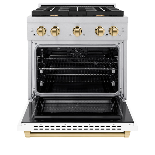 ZLINE Autograph Edition 30 in. 4.2 cu. ft. Paramount Dual Fuel Range with 4 Burner Gas Cooktop and Electric Convection Oven in DuraSnow® Stainless Steel with White Matte Door and Polished Gold Accents (SDRSZ-WM-30-G)