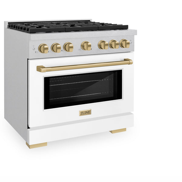 ZLINE Autograph Edition 36 in. 5.2 cu. ft. Paramount Dual Fuel Range with 6 Burner Gas Cooktop and Electric Convection Oven in DuraSnow® Stainless Steel with White Matte Door and Champagne Bronze Accents (SDRSZ-WM-36-CB)