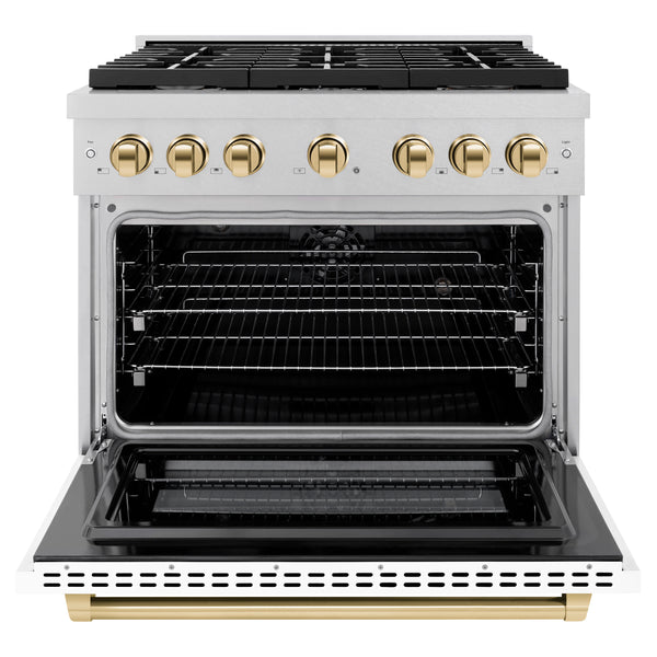 ZLINE Autograph Edition 36 in. 5.2 cu. ft. Paramount Dual Fuel Range with 6 Burner Gas Cooktop and Electric Convection Oven in DuraSnow® Stainless Steel with White Matte Door and Polished Gold Accents (SDRSZ-WM-36-G)