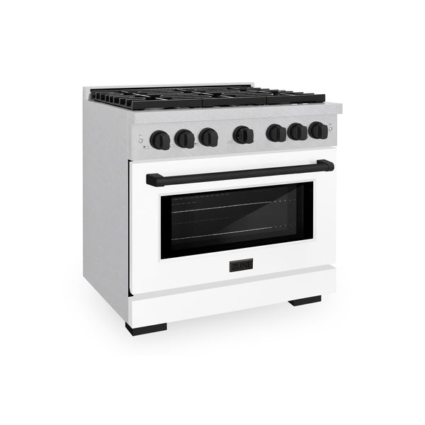 ZLINE Autograph Edition 36 in. 5.2 cu. ft. Paramount Dual Fuel Range with 6 Burner Gas Cooktop and Electric Convection Oven in DuraSnow® Stainless Steel with White Matte Door and Matte Black Accents (SDRSZ-WM-36-MB)