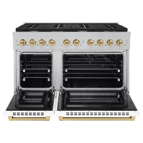 ZLINE Autograph Edition 48 in. 6.7 cu. ft. Paramount Double Oven Dual Fuel Range with 8 Burner Gas Cooktop in DuraSnow® Stainless Steel with White Matte Doors and Champagne Bronze Accents (SDRSZ-WM-48-CB)