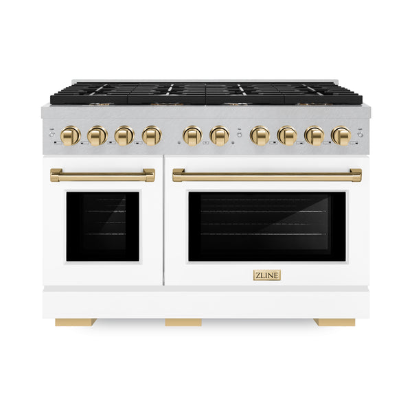 ZLINE Autograph Edition 48 in. 6.7 cu. ft. Paramount Double Oven Dual Fuel Range with 8 Burner Gas Cooktop in DuraSnow® Stainless Steel with White Matte Doors and Polished Gold Accents (SDRSZ-WM-48-G)