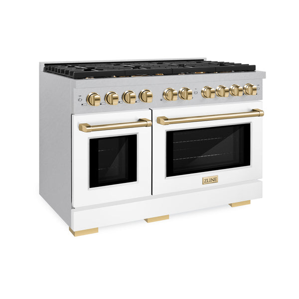 ZLINE Autograph Edition 48 in. 6.7 cu. ft. Paramount Double Oven Dual Fuel Range with 8 Burner Gas Cooktop in DuraSnow® Stainless Steel with White Matte Doors and Polished Gold Accents (SDRSZ-WM-48-G)