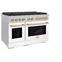 ZLINE Autograph Edition 48 in. 6.7 cu. ft. Paramount Double Oven Dual Fuel Range with 8 Burner Gas Cooktop in DuraSnow® Stainless Steel with White Matte Doors and Polished Gold Accents (SDRSZ-WM-48-G)