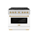 ZLINE Autograph Edition 36 in. 5.2 cu. ft. Paramount Gas Range with 6 Burner Cooktop and Convection Gas Oven in DuraSnow® Stainless Steel with White Matte Door and Polished Gold Accents (SGRSZ-WM-36-G)