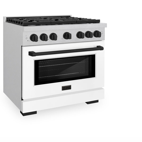 ZLINE Autograph Edition 36 in. 5.2 cu. ft. Paramount Gas Range with 6 Burner Cooktop and Convection Gas Oven in DuraSnow® Stainless Steel with White Matte Door and Matte Black Accents (SGRSZ-WM-36-MB)