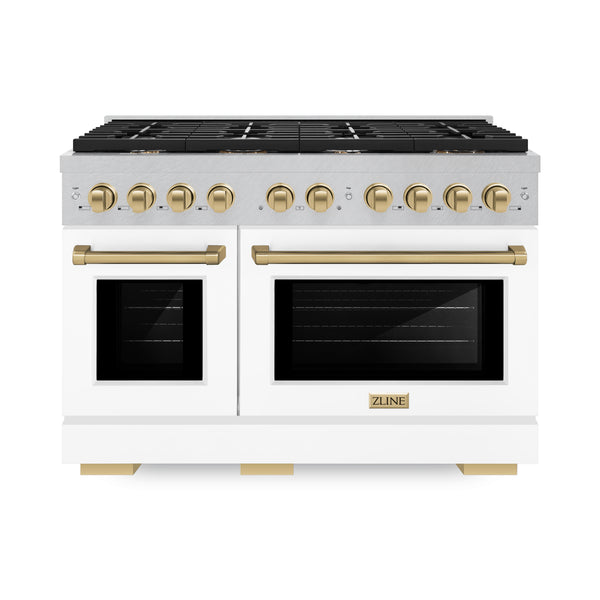 ZLINE Autograph Edition 48 in. 6.7 cu. ft. Paramount Double Oven Gas Range with 8 Burner Cooktop in DuraSnow® Stainless Steel with White Matte Doors and Champagne Bronze Accents (SGRSZ-WM-48-CB)