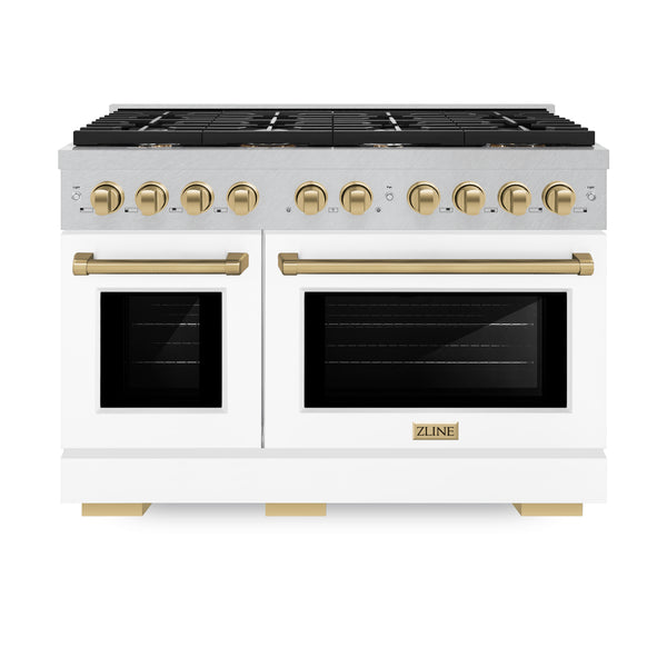 ZLINE Autograph Edition 48 in. 6.7 cu. ft. Paramount Double Oven Gas Range with 8 Burner Cooktop in DuraSnow® Stainless Steel with White Matte Doors and Champagne Bronze Accents (SGRSZ-WM-48-CB)