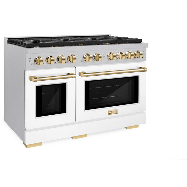 ZLINE Autograph Edition 48 in. 6.7 cu. ft. Paramount Double Oven Gas Range with 8 Burner Cooktop in DuraSnow® Stainless Steel with White Matte Doors and Polished Gold Accents (SGRSZ-WM-48-G)