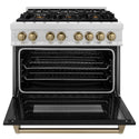 ZLINE Autograph Edition 36 in. 4.6 cu. ft. Legacy Dual Fuel Range with 6 Burner Gas Cooktop and Electric Convection Oven in Satin Stainless Steel with Black Matte Door and Champagne Bronze Accents, Open Box-Great Condition