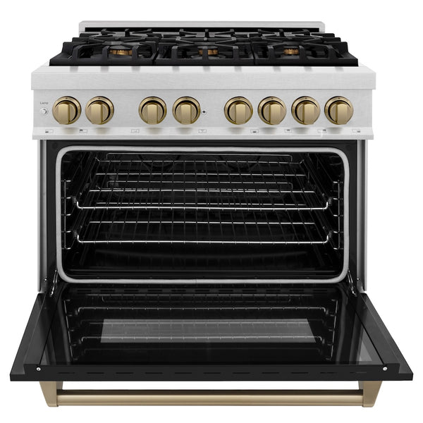 ZLINE Autograph Edition 36 in. 4.6 cu. ft. Legacy Dual Fuel Range with 6 Burner Gas Cooktop and Electric Convection Oven in Satin Stainless Steel with Black Matte Door and Champagne Bronze Accents, Open Box-Great Condition