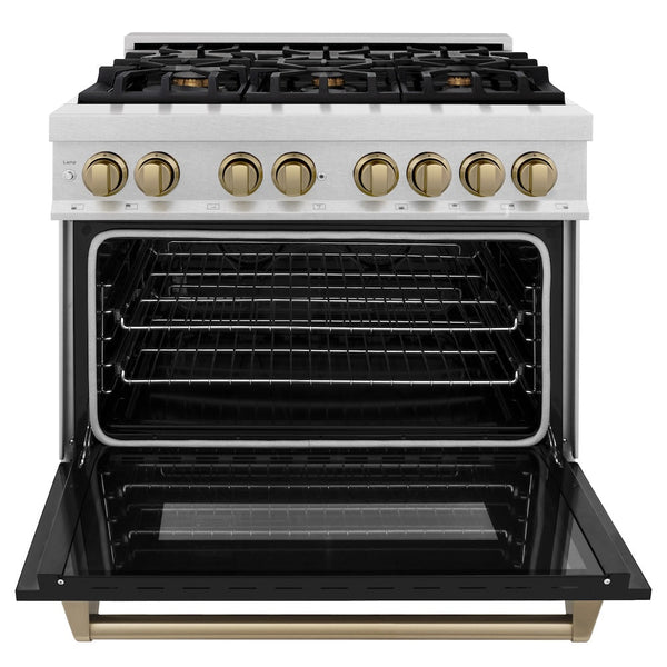 ZLINE Autograph Edition 36 in. 4.6 cu. ft. Legacy Dual Fuel Range with 6 Burner Gas Cooktop and Electric Convection Oven in Satin Stainless Steel with Black Matte Door and Champagne Bronze Accents, Open Box-Good Condition