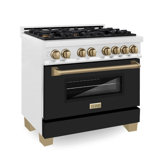 ZLINE Autograph Edition 36 in. 4.6 cu. ft. Legacy Dual Fuel Range with 6 Burner Gas Cooktop and Electric Convection Oven in Satin Stainless Steel with Black Matte Door and Champagne Bronze Accents, Open Box-Great Condition