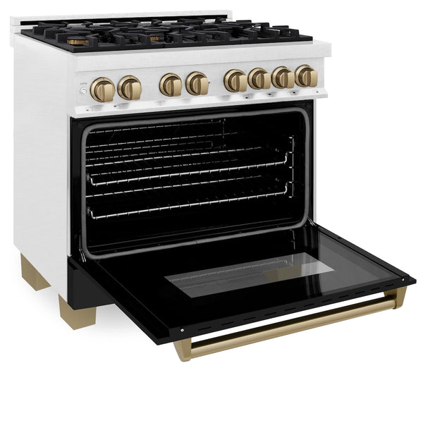 ZLINE Autograph Edition 36 in. 4.6 cu. ft. Legacy Dual Fuel Range with 6 Burner Gas Cooktop and Electric Convection Oven in Satin Stainless Steel with Black Matte Door and Champagne Bronze Accents, Open Box-Great Condition