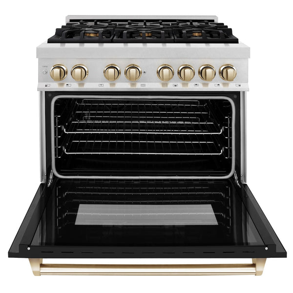 ZLINE Autograph Edition 36 in. 4.6 cu. ft. Legacy Dual Fuel Range with 6 Burner Gas Cooktop and Electric Convection Oven in Satin Stainless Steel with Black Matte Door and Polished Gold Accents, Open Box-Good Condition